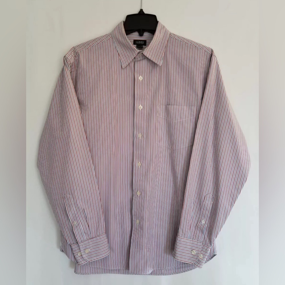 J CREW BLUE WHITE RUST STRIPE STRAIGHT COLLAR COTTON SHIRT SIZE XL